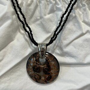 Fancy Black beaded Necklace with large Black/Gold/Silver designed pendant